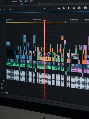 Macro shot of a modern video editing interface, high-contrast timeline with bright red playhead, sharp studio lighting, 35mm