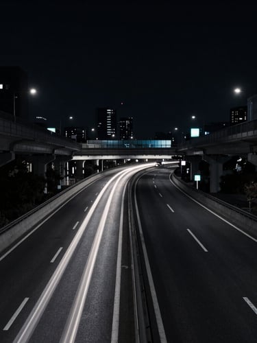 Wide environmental shot of Tokyo elevated highway at night, long exposure light trails desaturated, 35mm