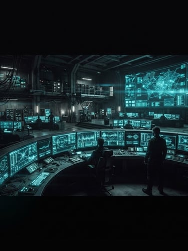 Wide panoramic desaturated control room with multiple glowing terminal screens, sharp neon cyan vector lines, high-contrast low-key lighting, 35mm cinematic