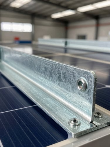 Close-up macro shot of heavy duty industrial solar mounting brackets, galvanized steel texture, bright warehouse lighting, technical detail