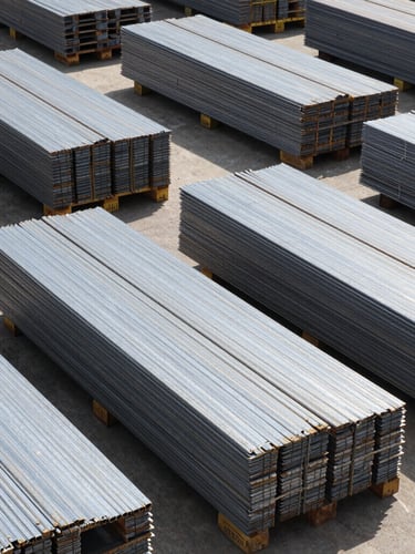 Industrial B2B photography, bright natural daylight, high-contrast realistic colors, wide-angle shot of organized steel material pallets ready for cargo loading, 35mm