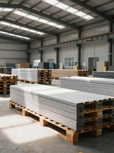 Wide-angle industrial warehouse interior with organized pallets of structural materials, crisp daylight streaming through overhead skylights, 35mm