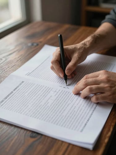 Close-up of two sets of hands over a large printed campaign brief spread on a dark wooden table in a Buenos Aires studio, pencil annotations visible on the sheets, natural window light from the left, shallow depth of field
