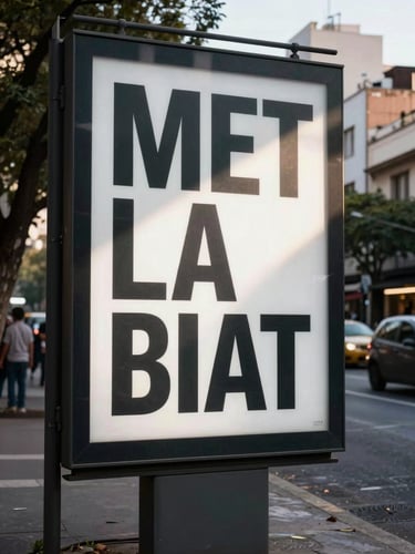 Wide-angle view from the left third, a large-format outdoor billboard on a Buenos Aires street corner displaying a bold typographic campaign, natural morning light raking across the printed surface, deep urban context visible on the right