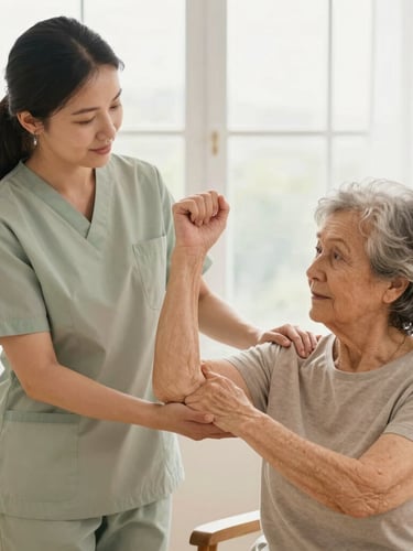 Warm editorial portrait of a certified female caregiver in a soft sage uniform gently guiding an elderly woman's arm in a slow, supportive stretching exercise, bright natural morning window light, shallow depth of field, 35mm.