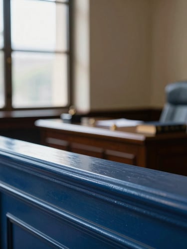 Architectural close-up of a prestigious Mexican courtroom interior, dramatic side-lit window daylight casting sharp highlights, deep steel blue tones, leather-bound books on a dark wood table in the background, shallow depth of field