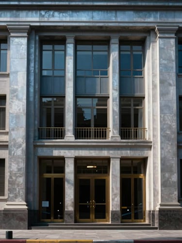 Architectural symmetry of a prestigious Mexican courthouse facade, sharp highlights, steel blue tones, shallow depth of field.