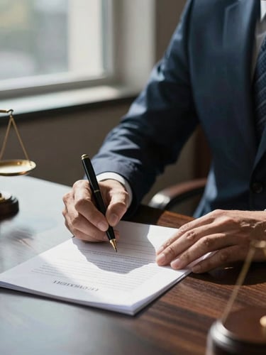 Close-up of a lawyer's hands in a tailored suit signing a legal document on a dark wood desk, dramatic side-lit window daylight.