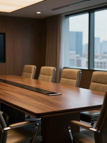 Interior of a high-end corporate boardroom in Mexico City, dramatic low-key lighting, warm interior lamps, empty leather chairs.