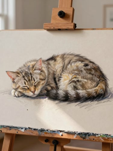 A completed soft pastel portrait of a sleeping cat on textured paper, resting on a wooden artist easel in a bright Oregon studio, bathed in warm, diffused afternoon sun.