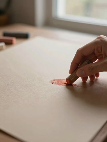 Close-up of artist Jaz gently blending soft terracotta pastel on heavy archival paper, warm side-lit window daylight highlighting the physical paper texture.