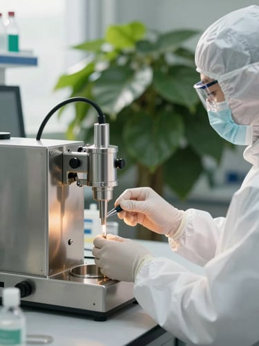 A technician in sterile white protective wear operating a modern stainless steel extraction vessel, clean clinical laboratory environment, soft backlighting