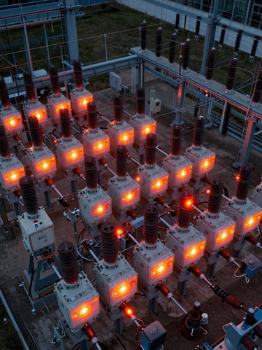 Top-down radiometric thermal scan of a massive industrial substation, high-contrast ironbow palette revealing critical hot spots on electrical breakers, crisp technical details.