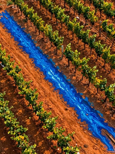 Top-down radiometric drone scan of a commercial vineyard, sharp high-contrast thermal patterns revealing a sub-surface moisture leak as a vivid blue anomaly against warm orange soil.