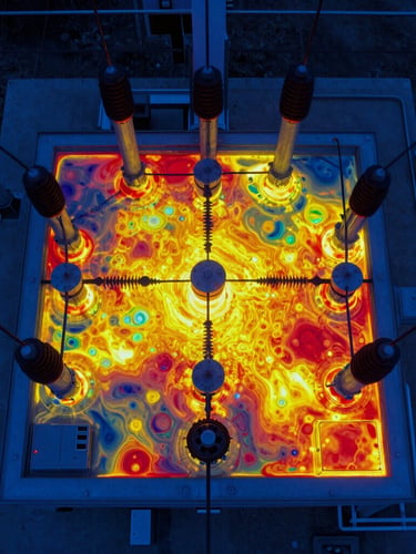 Precise top-down radiometric thermal scan of an industrial electrical substation, high-contrast ironbow color palette showing distinct yellow and red thermal anomalies against dark blue background, technical framing.