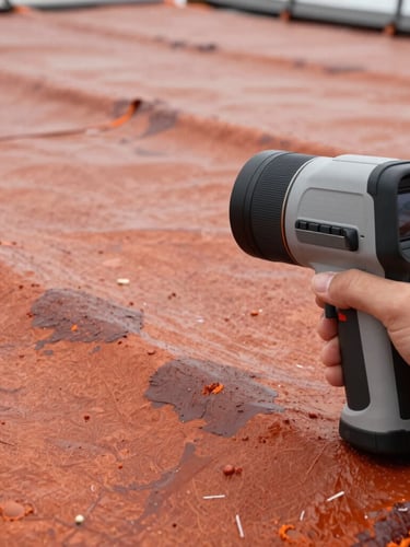 Handheld radiometric camera view showing sub-surface moisture pockets in a roof membrane, vibrant ironbow color palette.