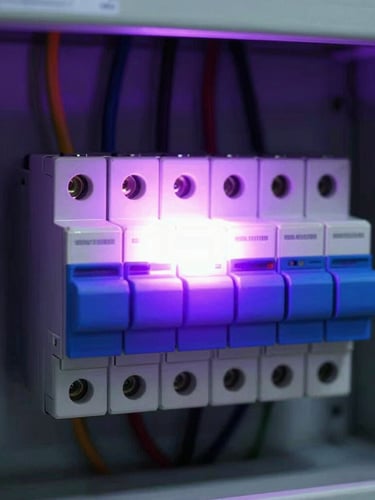 High-contrast radiometric thermal scan of an electrical distribution panel, showing a bright white-hot anomaly on a central circuit breaker, surrounded by cooler purple and blue components.