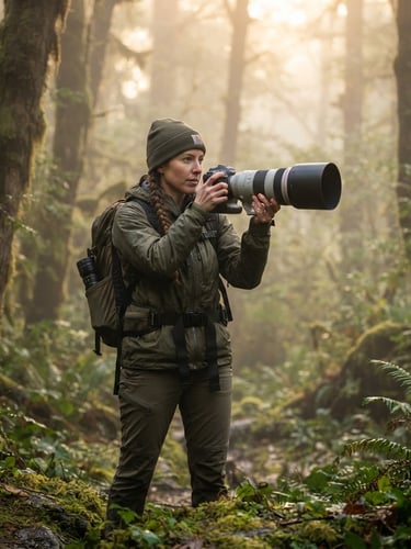 A professional wildlife photographer in earthy green gear, holding a telephoto lens, standing in a misty forest at dawn, soft background bokeh, natural lighting.