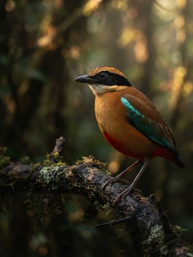 Close-up of a vibrant native Indian bird perched on a mossy branch, dappled forest sunlight, shallow depth of field, 300mm telephoto lens