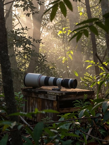 A sunlit wooden photography hide nestled quietly among dense forest trees, telephoto lens barrel slightly visible, misty morning light filtering through leaves.