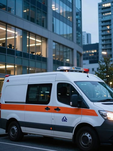 Close-up of a professional emergency dispatch vehicle parked outside a modern Vancouver commercial building at night, high-contrast artificial lighting, cool blue tones, sharp 35mm photography.