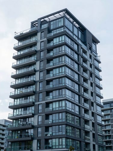 Sharp architectural photography of a modern Vancouver condominium facade, bright overcast daylight, cool blue tones, high clarity, 35mm