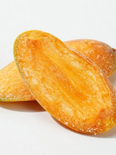 Macro shot of vibrant orange dehydrated mango slices showing detailed cellular texture, bright natural daylight, clean minimalist light background