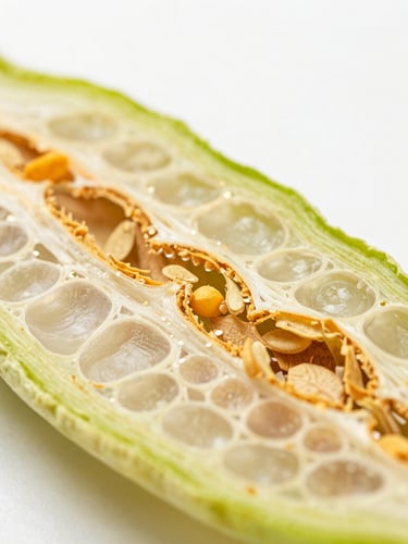 Macro close-up of dehydrated vegetable cell walls under clean bright daylight, showing preserved organic structure and zero thermal damage, technical food science style