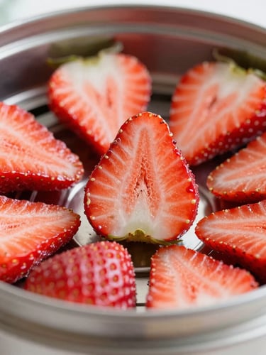 Macro close-up of vibrant red strawberry slices inside a clean stainless-steel dehydration chamber, crisp natural daylight, showing fine cellular structures