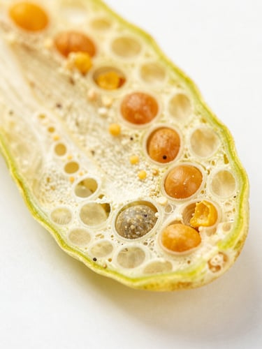 Extreme macro shot of dehydrated vegetable cell structure under soft natural daylight, showing crisp botanical textures and vibrant colors, clean minimalist background.