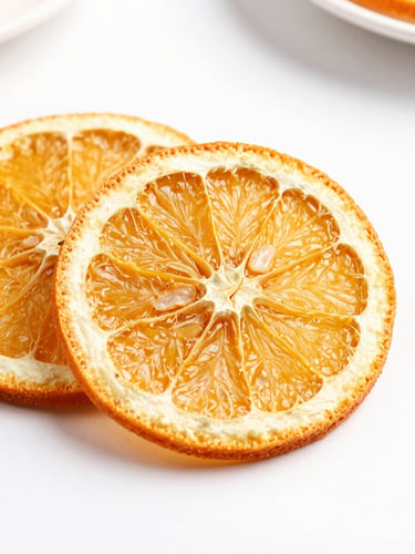 Macro shot of vibrant dehydrated orange slices showing cellular texture, bright high-key product photography, soft natural daylight, clean minimalist background
