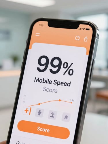 Close-up of a modern smartphone screen displaying a 99% mobile speed score, clean UI with orange accents, bright natural lighting, clinic reception background out of focus.