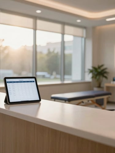 Wide-angle portrait of a modern physical therapy clinic reception desk, warm morning light filtering through large windows, a clean tablet displaying a booking calendar on the counter, professional and clinical atmosphere.