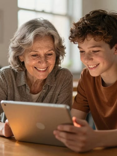 Warm editorial photography of a senior woman and a teenage boy laughing together while looking at a tablet screen, soft natural window light mixed with a warm amber screen glow, shallow depth of field, New York community center setting.