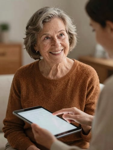A warm editorial photograph of a senior woman smiling as a young instructor guides her hand on a tablet screen, soft ambient screen glow, rich organic tones, shallow depth of field