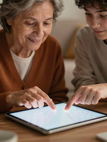Warm editorial close-up of a senior woman smiling as a teenager guides her hand on a glowing tablet interface, soft ambient screen glow, rich organic tones