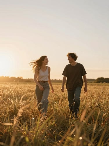 Wide environmental shot of a couple laughing in a sun-drenched open field, golden-hour light streaming from the left, long grass softly blurred in the foreground, warm amber and honey tones, candid mid-motion, no eye contact with camera