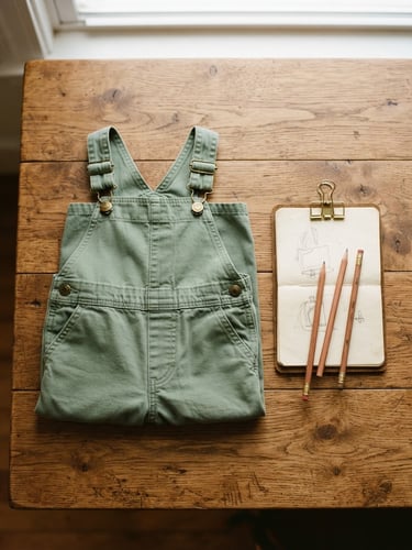 Overhead flat-lay of a child's green cotton overalls next to a brass-clipped notebook and cedar pencils on a warm wooden table, soft window light, 35mm film.