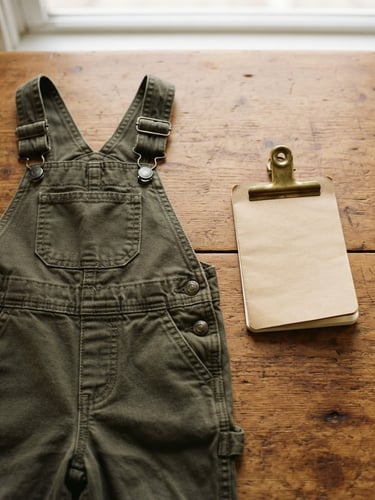 Overhead flat-lay of durable children's cotton overalls next to a brass-clipped notebook on a warm wooden table, soft natural window light, 35mm film.