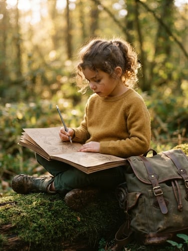 A child sketching in a textured notebook outdoors, sitting on a mossy log next to a durable green canvas backpack, warm natural golden hour light, soft shadows, shallow depth of field, 35mm film