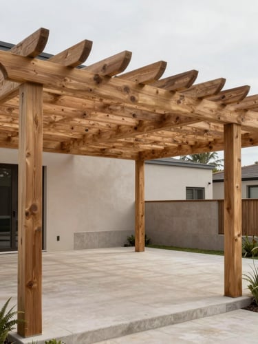 Wide environmental photograph of a modern outdoor wooden pergola structure over a residential terrace, clean-sawn timber beams in natural finish, soft overcast midday light filtering through the lattice, empty terrace below showing spatial scale, neutral concrete and stone surround