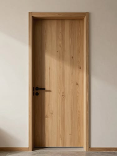 Wide shot of a modern interior wooden door set into a plastered wall, flat-panel door in natural oak veneer, clean shadow gap reveal at frame, north-facing light casting gentle shadow on door surface, empty hallway in background showing spatial proportion