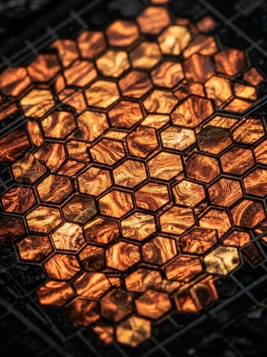Macro shot of liquid crystal array glowing with copper light, against a deep obsidian background, technical grid lines overlaid, dark alchemical photography, dramatic low-key copper lighting, extreme close-up
