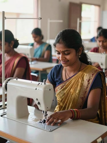 A medium environmental portrait of a young woman in rural Tamil Nadu, smiling as she works at a modern sewing machine in a brightly lit, sunlit training center, natural daylight.