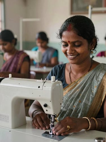 A medium environmental portrait of a rural Tamil Nadu woman smiling while operating a modern sewing machine in a sunlit training center