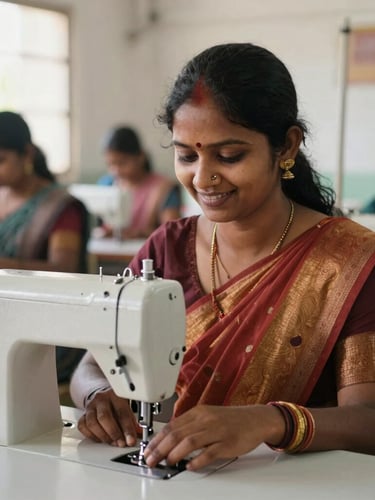 Active environmental portrait of a woman in Tamil Nadu, smiling, operating a modern sewing machine in a bright, naturally lit vocational training center.