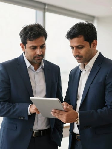 Professional candid portrait of financial advisors collaborating over a tablet in a bright Gurugram office, soft natural daylight, desaturated navy tones, sharp focus