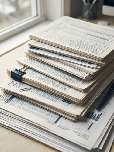 Close-up of neatly organized corporate tax documents on a warm cream desk, bright natural window light, desaturated navy tones, sharp focus, 50mm