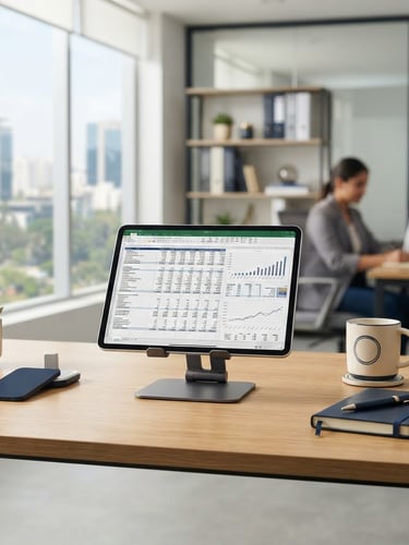 A bright, modern office in Bengaluru, clean desk with a tablet displaying financial ledgers, natural daylight, desaturated navy and cream tones, professional atmosphere.