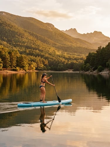 A wide 35mm portrait of a paddleboarder gliding on the calm, reflective waters of El Pontón Alto reservoir in Segovia, surrounded by deep green pine trees under warm golden hour sunlight.